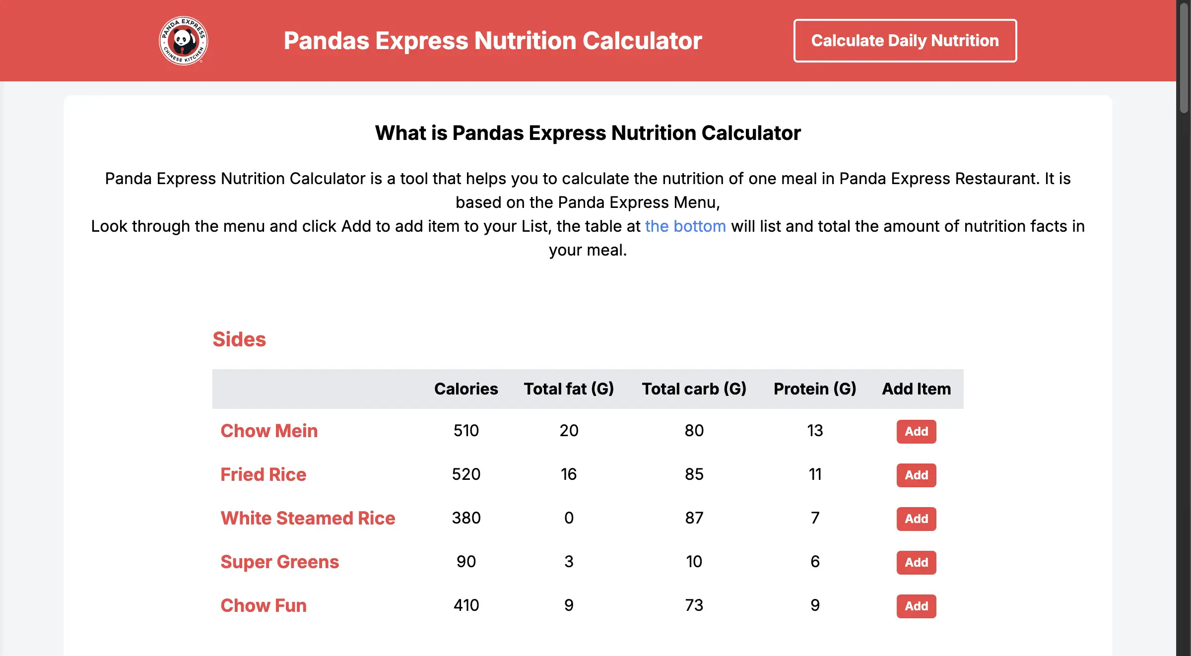 Pandas Express Nutrition Calculator