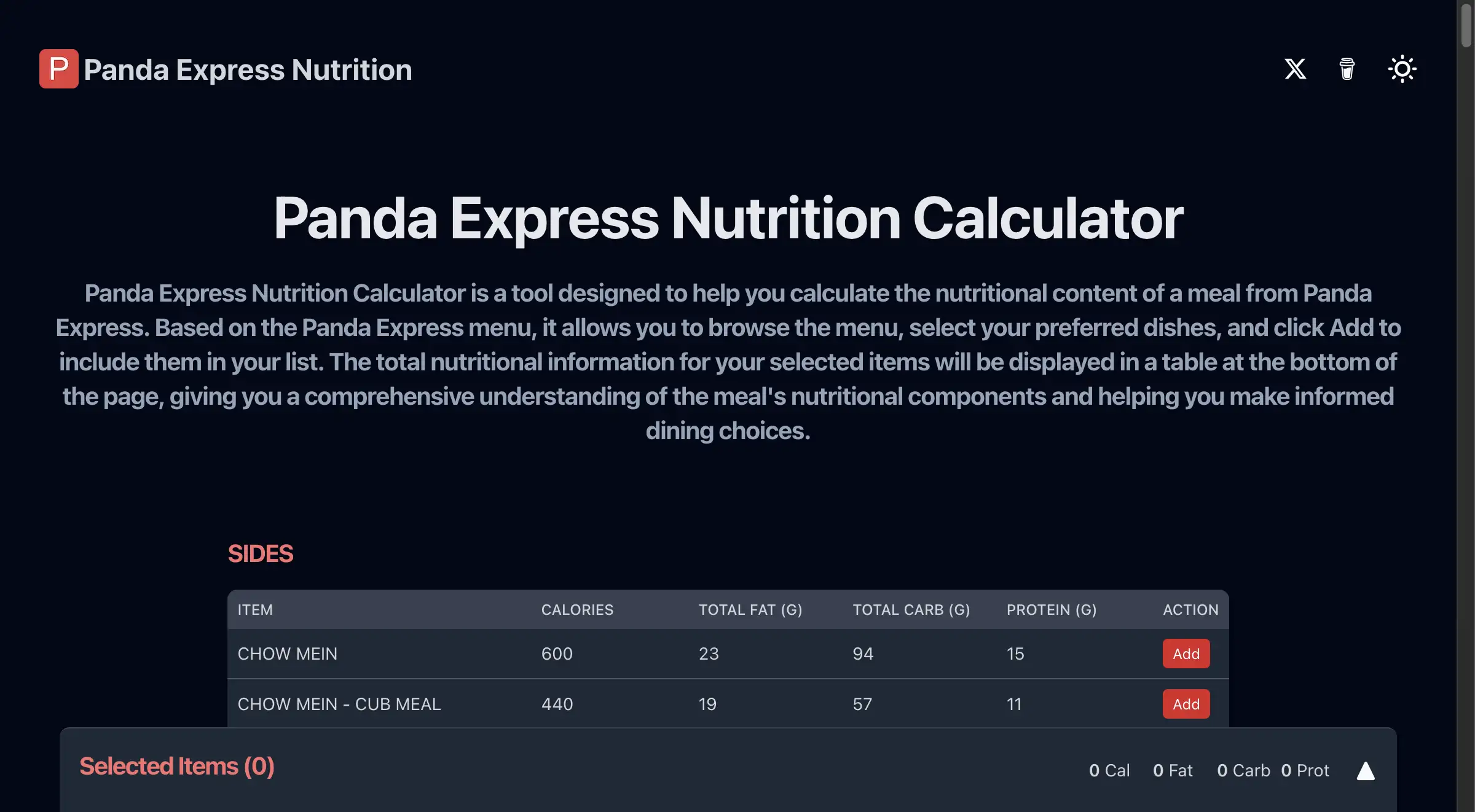 Panda Express Nutrition Calculator